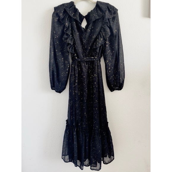 NWOT By The River Star Print Shirred Chiffon Ruffle Midi Long Sleeve Dress Black - Picture 11 of 11